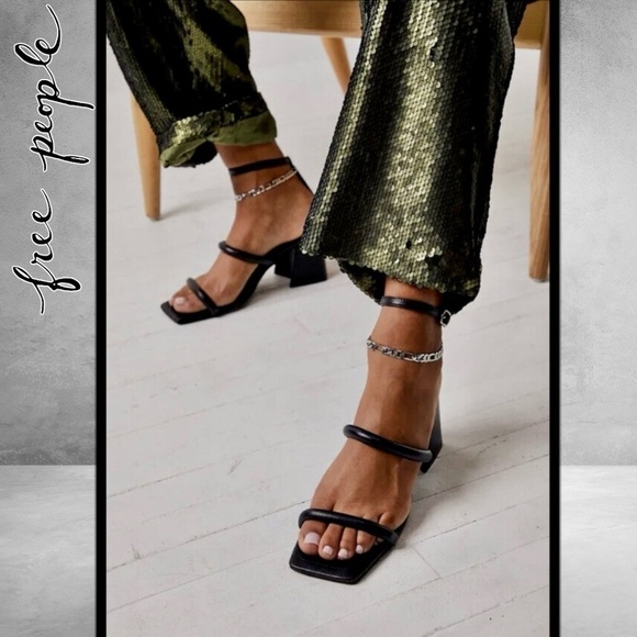 FREE PEOPLE Parker Chain Leather Block Heel Chain-Wrap Ankle Sandals/Heels NWT - Picture 2 of 16